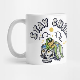 cartoon illustration of a frog soaking on a human skull Mug